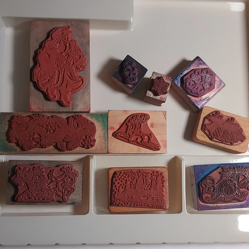 Rubber Stamps Christmas Theme Set Of 10 Holiday Wooden Stamps